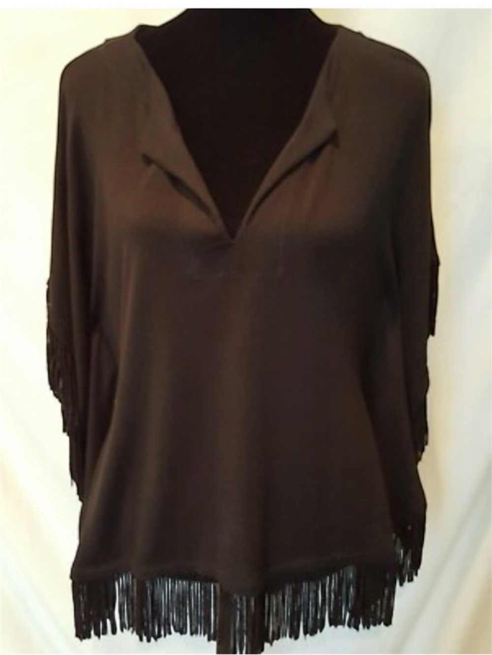 Lauren Ralph Lauren Black Fringe V-Neck Top M